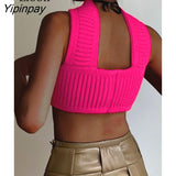 Yipinpay Sexy Knitted Short Corset Tops Women Summer Halter Tank Streetwear Sleeveless Backless Holiday Beach Knitting Crop Tops