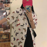 Yipinpay Vitage Short Sleeve Loose Women Blouse Shirt Y2K Butterfly Printing Button Up Pockets Womens Shirts 2023 Summer Y2K Tops