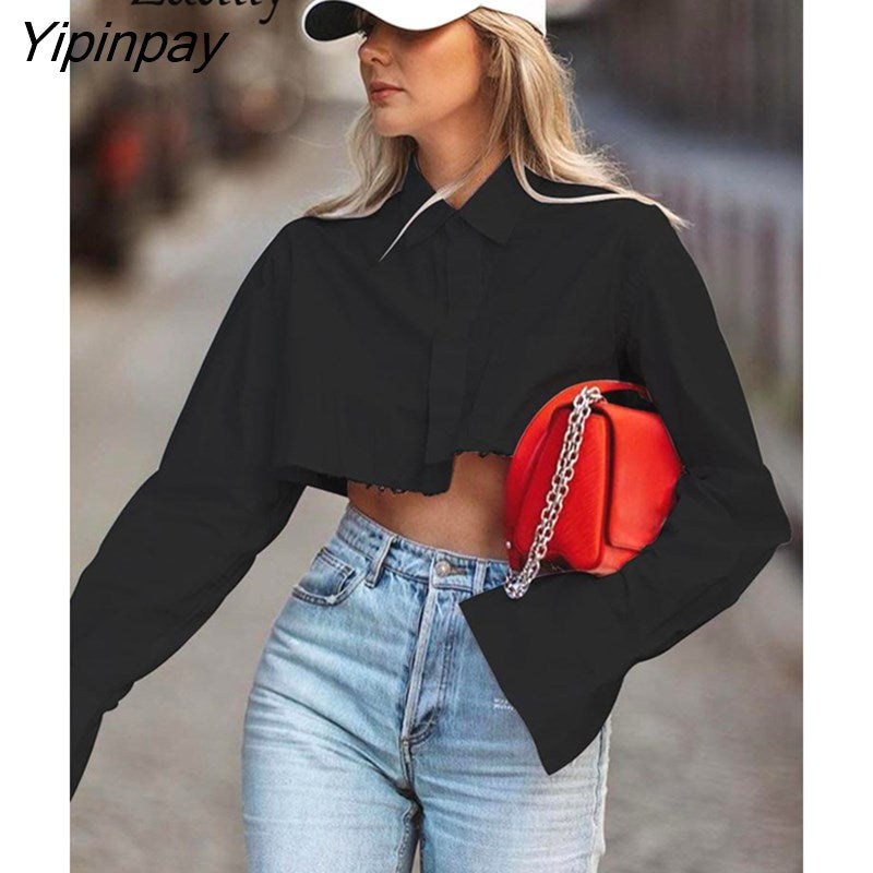 Yipinpay 2023 Spring Streetwear Long Sleeve Cotton Asymmetrical CottoWomen White Shirt Sexy Button Woman Crop Tops Female Blouse