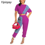 Yipinpay Women Cropped Blouse And Pants Two Piece Set 2023 Summer Tee And Jogger Pants Tracksuit Outfits Female Denim Patchwork Sweatsuit