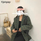 Yipinpay Vintage Women Chic Office Lady Single Breasted Plaid Blazer Coat 2023 Winter Notched Collar Long Sleeve Outerwear Tops
