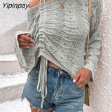 Yipinpay Sexy Drawstring Ruched Knit Tops Women Pullover Sweater Female Jumper Flare Sleeve Hollow Out Asymmetrical Loose Sweaters