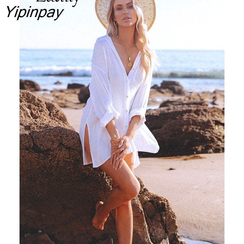 Yipinpay 2023 Spring New In Minimalist Solid Color Full Sleeve Women Long White Shirt Causal Loose Button Woman Tunic Blouse Tops