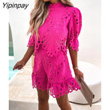 Yipinpay Women Sexy Slim Lace Hollow Out Crop Top And Ruffles Shorts Two Piece Set Female Solid Short Sleeve Shirts Tops And Shorts Set