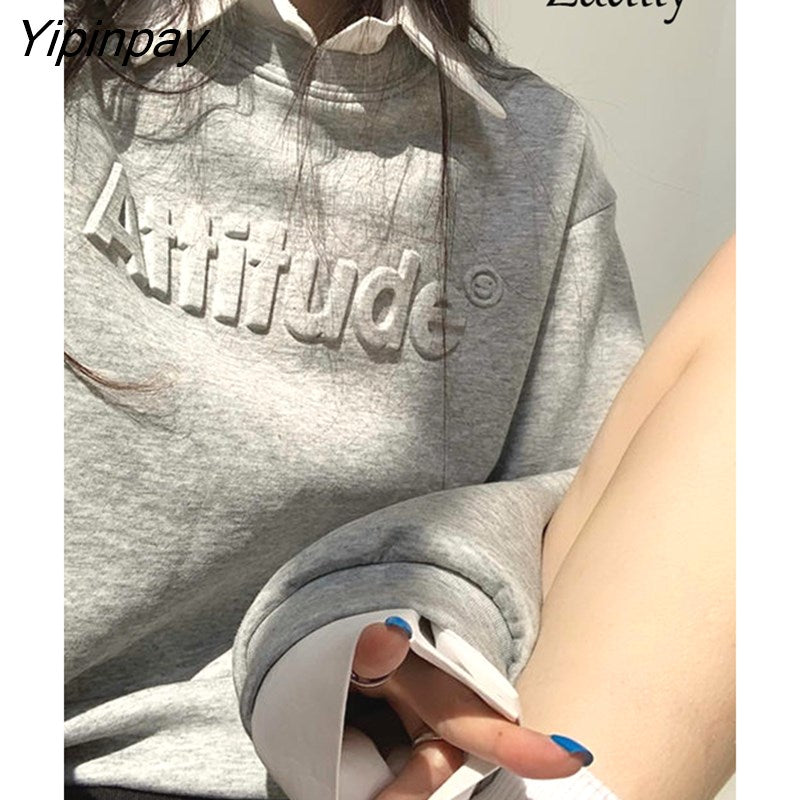 Yipinpay 2023 Autumn Korean Style Letter 3D Decoration Sweatshirt Women Minimalist O Neck Long Sleeve Crop Tops Hoodies Clothing