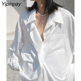 Yipinpay Minimalist Style Long Sleeve White Shirt Women Oversize Button Up Pocket Ladies Blouse 2023 Summer Work Female Clothing