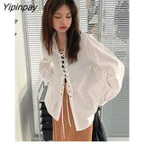 Yipinpay 2023 Autumn Streetwear Long Sleeve Bandage Blue Cotton Shirt Women Y2K Sexy Ladies Blouse Fashion Female Clothing Tops