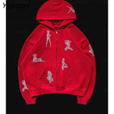Yipinpay Rhinestone Y2K graphics Hoodies Female Zip Up Long Sleeve Women's Sweatshirt Aesthetic Winter Grunge clothing moletom