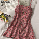 Yipinpay Women's Dresses Floral Print Midi Summer Korean Fashion Aesthetic Party Robe Casual Sexy Kawaii SlingA-Line Lady Chic Clothing