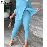 Yipinpay Women Irregular Pullover Two Piece Set Solid Long Sleeve Casual Split Tshirt Leggings Slim Sets 2023 Fashion Office Lady Outfits
