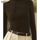 Yipinpay Half Turtleneck Bright Line Two Piece Suit For Women Sexy Long Sleeve Crop Top Skirt Sets 2023 Female Basic Tee Outfits