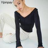Yipinpay Off Shoulder Long Sleeve T-Shirt Women Spring Casual Party Street Tops 2023 Solid Base Tees Female Cropped Y2K Shirts