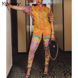 Yipinpay Printed Two Piece Set Women Long Sleeve Lapel Loose Shirt Elastic Pencil Pants Sets Lady Casual Street Top Trousers Sets