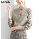 Yipinpay Office Lady Stand Neck Basic Shirt Women Korea Style Long Sleeve Button Woman Tunic Blouse 2023 Spring Work Female Tops