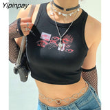Yipinpay Eye Portrait Print T-shirt Aesthetic Y2K Crop Tops Short Sleevle Vest Tees Harajuku Streetwear Suspenders Women Clothes