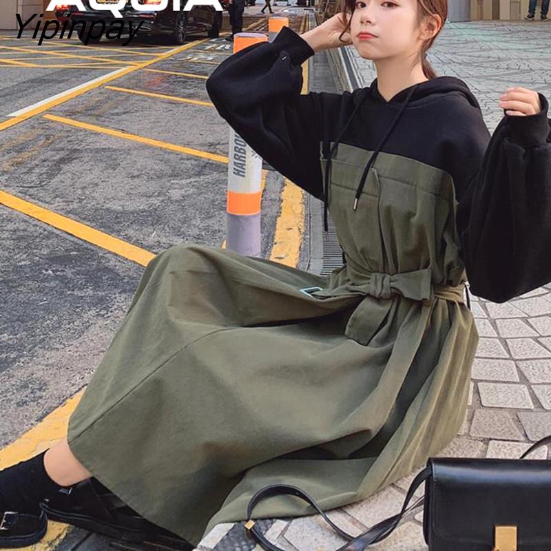 Yipinpay Patchwork Women Fake two pieces Long Dress 2023 Spring Fashion Loose Hoode Long Sleeve Plus Size Y2K Ladies Dresses