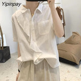 Yipinpay 2023 Summer Short Sleeve Cotton Shirt Women Korean style Ruffles Button Up Solid Ladies Blouse Tunic Casual Clothing Tops