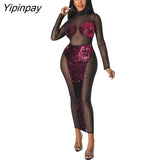 Yipinpay Women Turtleneck Sequins Mesh Patchwork Dress Sexy See Through Long Sleeve Bodycon Dresses 2023 Female Evening Prom Dress