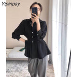 Yipinpay 2023 Autumn Korean style Long Sleeve Folds White Shirt Women Office Lady Slim Wist Button Up Tunic Blouse Female Tops