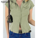Yipinpay 2023 Summer Y2K Short Sleeve CowBoy Shirt Women Safari Style Button Up Pocket Slim Ladies Tops Female Clothing Blouse