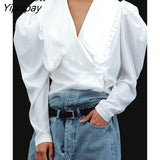 Yipinpay Sexy Puff Sleeve Shirt White Top Spring Autumn 2023 Turndown Collar Women Loose Blouses And Tops Streetwear Baggy Shirts