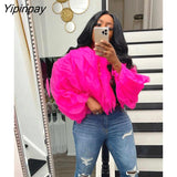 Yipinpay Women Elegant Ruffled Layered Puff Sleeve Top 2023 Summer Female Solid Petal Chiffon Long Sleeve Cropped Blouse Streetwear