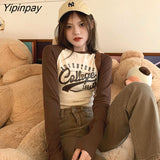 Yipinpay Women T-Shirt Y2k Crop Top Summer Sexy Long Sleeve Print Letter Cropped Aesthetic Grunge Harajuku Vintage Korean Fashion Clothes