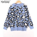 Yipinpay Leopard Print Knit Sweater Female Jumpers Warm Tops Pull Femme Streetwear Blue Khaki Knitted Sweaters For Women Pullovers