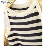 Yipinpay Stripe Knit Tank Crop Top Summer Basic Vest 2023 Women Outfits Streetwear Sleeveless O Neck Black White Knitwear Cute Tops