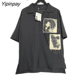 Yipinpay 2023 Summer Y2k Short Sleeve Shirt Women Patch Designs Button Up Loose Blouse Tunic Gothic Streetwear Female Clothing Top