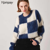 Yipinpay Winter Vintage Mohair Plaid Women Sweater Chic Long Sleeve O Neck Loose Ladies Pullover Fashion Warm Female Clothing Tops