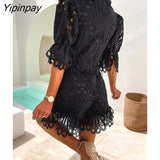 Yipinpay Women Sexy Slim Lace Hollow Out Crop Top And Ruffles Shorts Two Piece Set Female Solid Short Sleeve Shirts Tops And Shorts Set