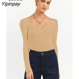 Yipinpay Knit Ribbed T Shirt Women Ruched Corset Top Autumn Long Sleeve V Neck Basic Tees Sexy Bodycon Tshirt Knitted Tops