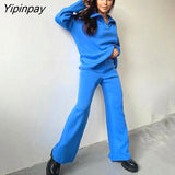 Yipinpay Knitted Two Piece Set Loose Sweater Tops And Pants Straight Leg Long Sleeve Zip Up Autumn Winter High Waist Sweaters Sets