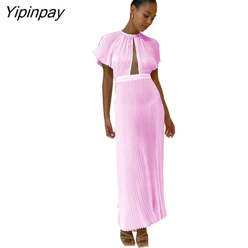 Yipinpay Hollow Out Pleated Dress For Women Fashion Flare Sleeve Backless A Line Dresses Spring O Neck Office Lady Solid Robe
