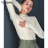 Yipinpay Cotton Splicing Stripe T Shirts Women Fashion Long Sleeve Knitted Basic Blouse 2023 Spring Female Soft Elegant Blouse Top