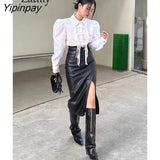 Yipinpay 2023 Autumn Long Puff Sleeve White Shirt Women Office Lady Tassel Button Up Tunic Blouse Work Female Clothing Tops