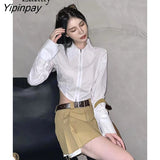 Yipinpay 2023 Spring Streetwear Long Sleeve Shirt Women Sexy Solid Turn Down Collar Zipper Crop Tops Blouse Party Female Clothing