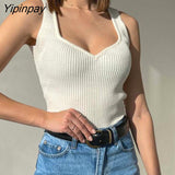Yipinpay Knitted Ribbed Camis Women Corset Top Streetwear Sleeveless Spaghetti Strap Summer Sexy Short Vest Black White Crop Tops