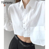 Yipinpay 2023 Spring Streetwear Long Sleeve White Shirt Women Y2K Loose Pocket Button Up Crop Tops Blouse Korean Style Clothing