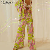 Yipinpay Pleated Printed Suit Women Long Sleeve V Neck Blouse And High Waist Pants Two Piece Sets Female Elegant Trousers Outfits