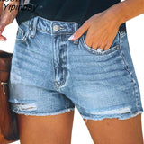Yipinpay Blue Cotton Cut Off Ripped Stretch Denim Shorts Women Streetwear Mid Waist Pockets Wash Distressed Sexy Hole Jeans Shorts