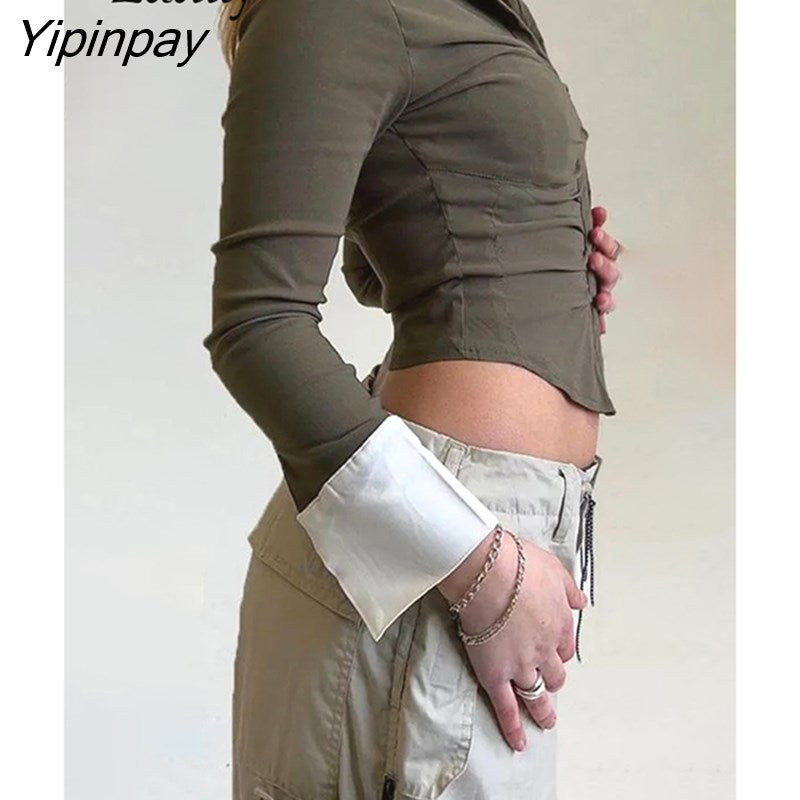 Yipinpay 2023 Autumn Long Sleeve Strecth Shirt Women Sexy Patchwork Slim Ladies Crop Tops Korean Style Female Clothing Blouse