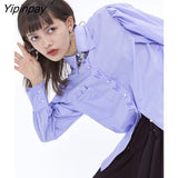 Yipinpay 2023 Autumn court style Long Puff Sleeve Shirt Women Vintage Butterfly embroidery Button Ladies Tunic Blouse Female Tops