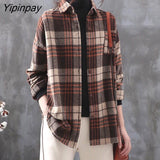 Yipinpay 2023 Winter Korean Style Long Sleeve Loose Plaid Shirt Women Causal Button Up Tunic Blouse Female Tops Clothing