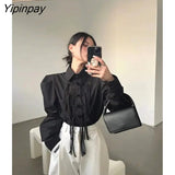 Yipinpay 2023 Autumn Long Puff Sleeve White Shirt Women Office Lady Tassel Button Up Tunic Blouse Work Female Clothing Tops