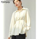 Yipinpay 2023 Spring Elegant Long Sleeve Women Shirt Korea Style Office Lady Belt Button Up Woman Blouse Work Female Top Clothing