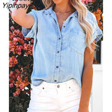 Yipinpay Women Wash Distressed Denim Shirt Blue Cardigan With Pockets Short Sleeve Turndown Collar Sexy Button Up Tops And Blouses