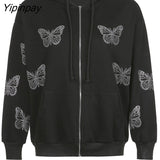 Yipinpay Streetwear Butterfly Print Rhinestone Zip-per Tracksuits Y2K Fashion Oversized Zippper Hoodies Sweatpants
