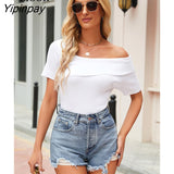 Yipinpay Sexy Off Shoulder Knit T Shirt Women Ribbed Top Short Sleeve Basic Tees Summer Tshirt Black White Bodycon Knitted Tops